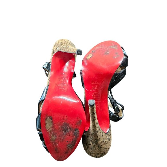 Christian Louboutin Black Patent Leather Cork Peep-Toe Stilettos Heels size 38.5 - Picture 8 of 12